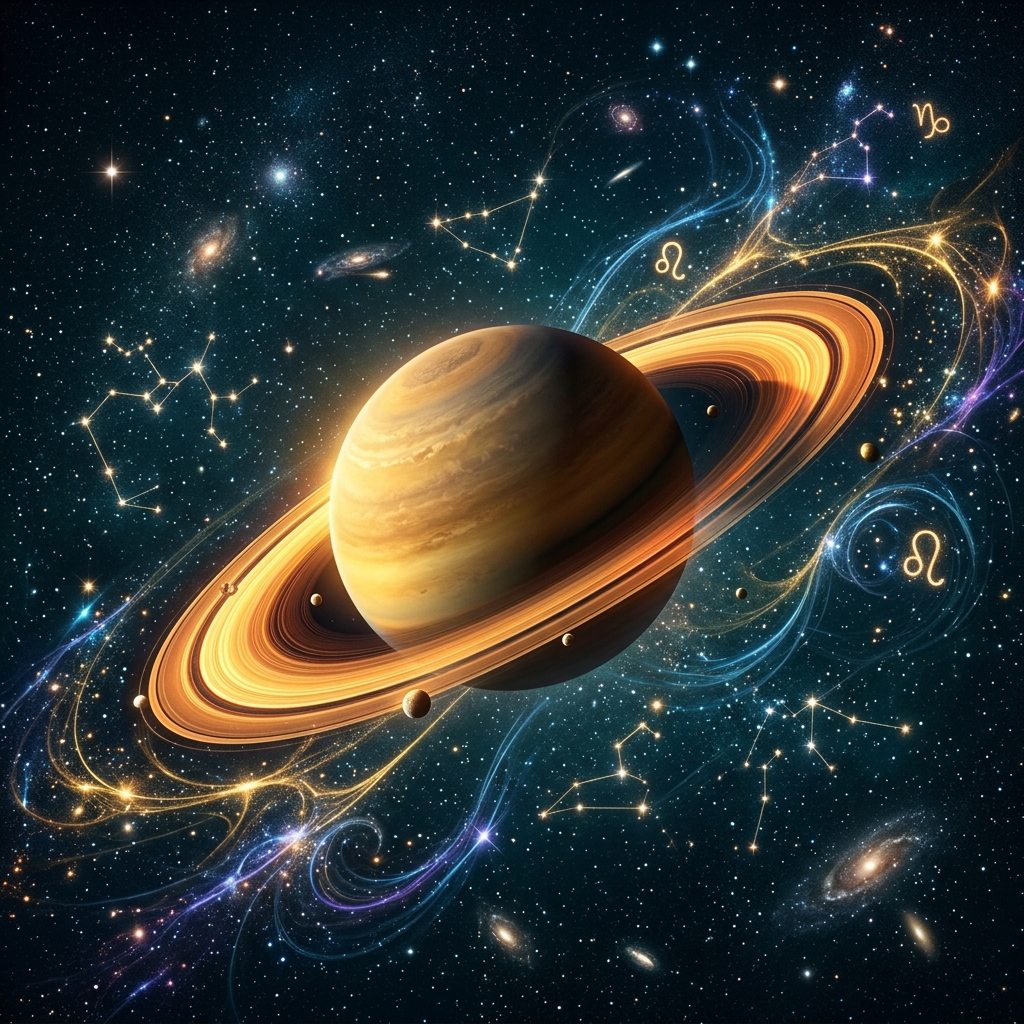 Cosmic Planet Saturn in Space with Golden Rings